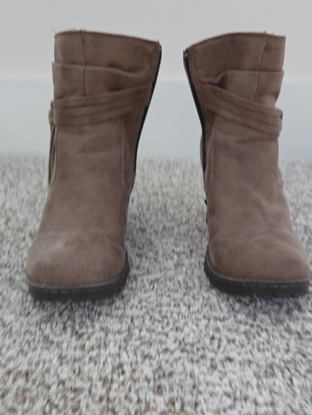 b.o.c. Taupe Suede Ankle Booties with Strap Detail